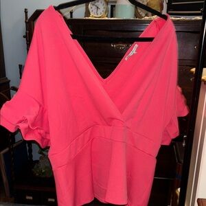 Haute Monde Coral V-Neck Blouse with Ruffle Sleeves